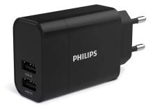PHILIPS φορτιστής τοίχου DLP2620-12, 2x USB, 17W, μαύρος