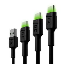 Set 3x Green Cell Cable GC Ray USB-C Cable 30cm, 120cm, 200cm with green LED backlight, fast chargin